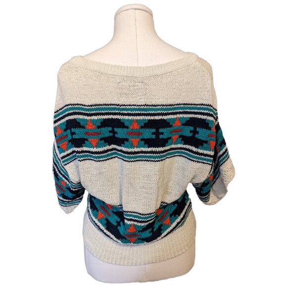 Womens American Eagle White Aztec Knit Top Western Boho Sweater 1/2 Sleeve M - Picture 5 of 8